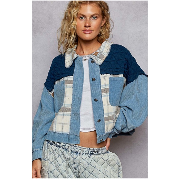 POL Blue Plaid print Frayed Corduroy Pockets Quilted Jacket Shacket - Picture 1 of 4